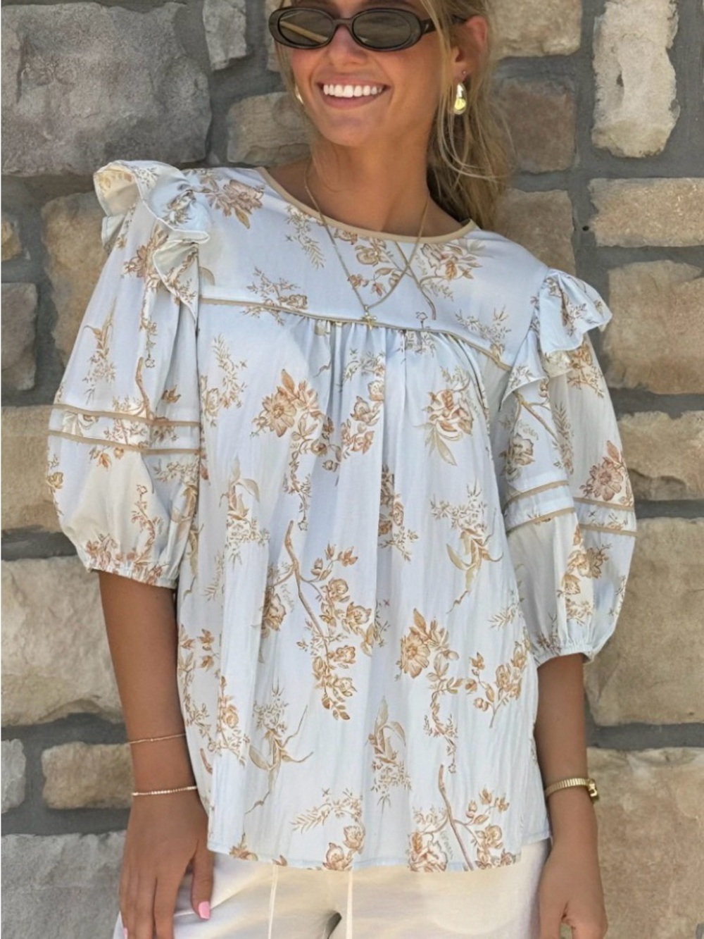 She + Sky Light Blue Floral Ruffle Puff-Sleeve Blouse